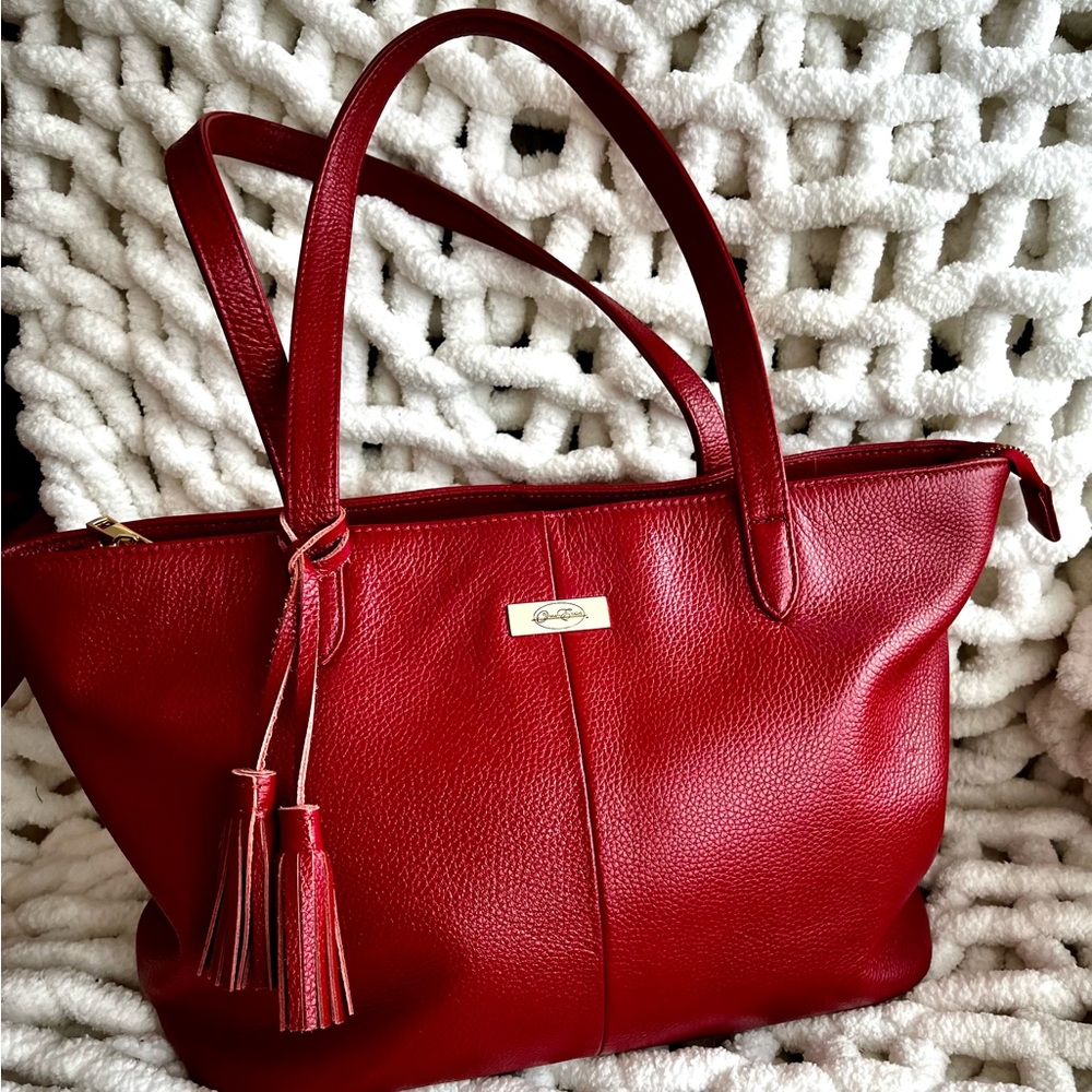 Large Red Pebble Leather Onna Ehrlich Tote with Tassel Accent